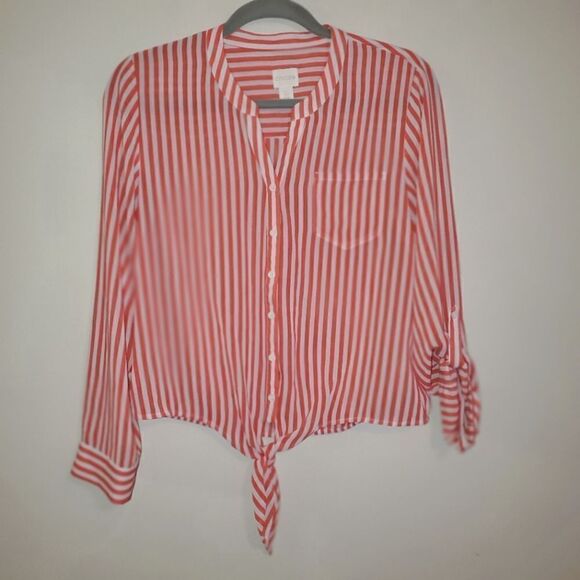 CHICOS CORAL & WHITE VERTICAL STRIP SHEER TIE FRONT BUTTON DOWN TOP SIZE 0 - Picture 1 of 4